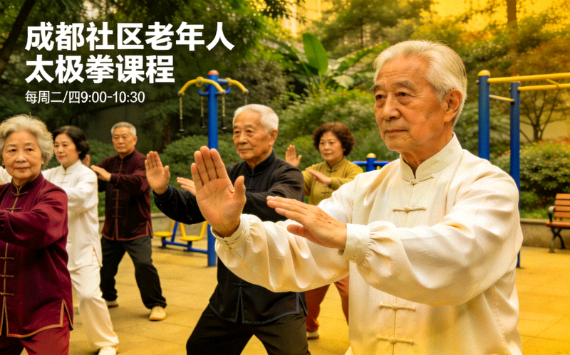 成都社区老年人太极拳课程 - 老年人在教练指导下练习太极拳