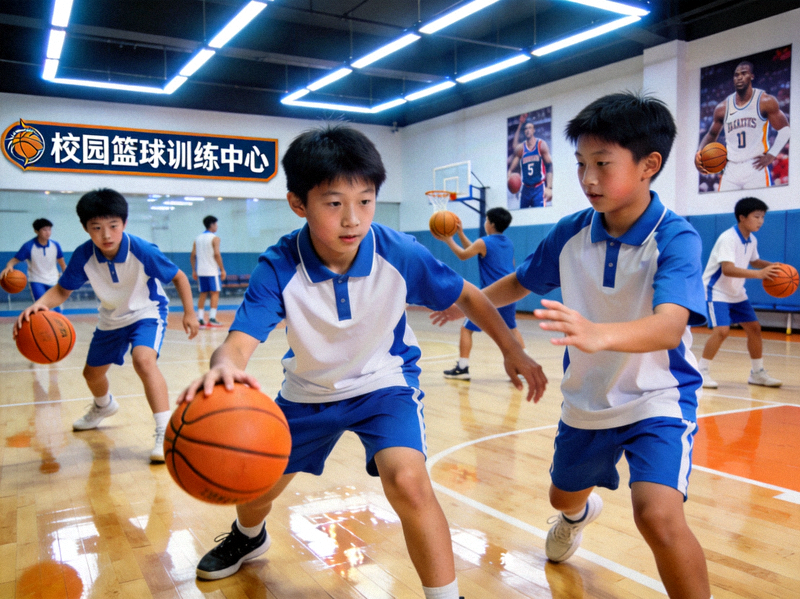 青少年在现代化体育场馆中进行篮球训练 - 校园篮球训练场景