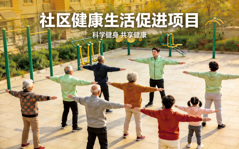 社区健康生活促进项目 - 社区居民在指导下进行集体健身活动