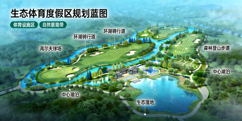 生态体育度假区规划蓝图，展示体育设施与自然景观的融合