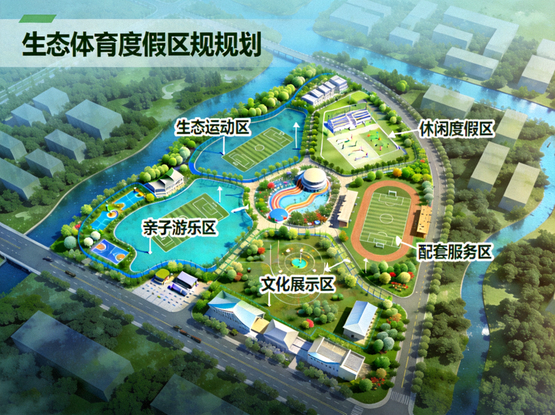 生态体育度假区总体规划鸟瞰效果图 - 展示五大功能分区布局